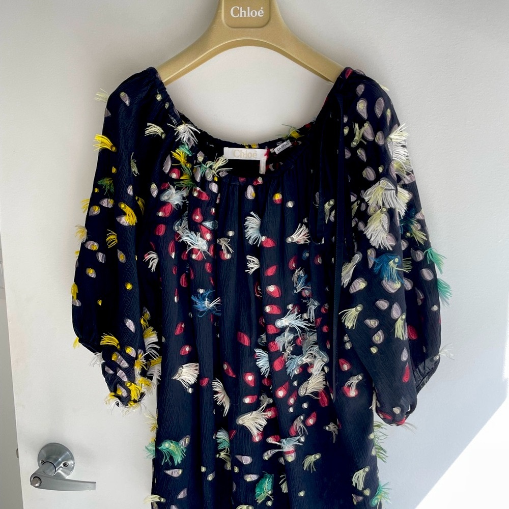 CLEAROUT PRICE Chloé Black 100% Silk Blouse with Feather like Accents Sz 36